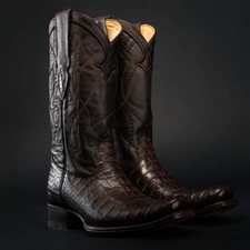Genuine Leather Exotic Caiman Belly Print Square Toe Cowboy Western Boots-Brown