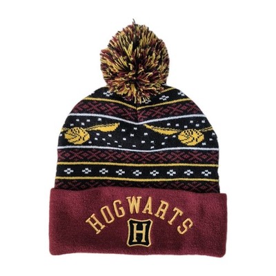 Harry Potter Hogwarts Embroidered Knit Pom Beanie Fair Isle Cuffed Winter Hat OS