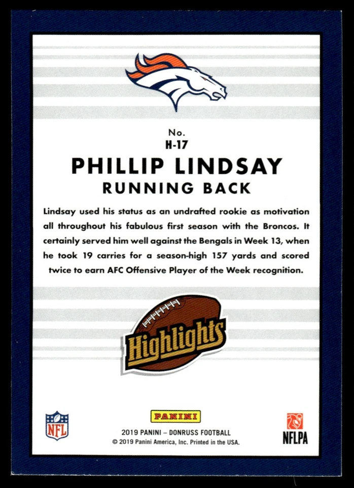 2019 Donruss Highlights Phillip Lindsay #H-17 - Image 2 of 2