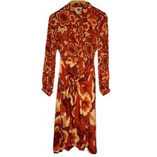 Farm Rio Long-Sleeve V-Neck Floral Midi Shirt Dress Women’s XS Orange & Red