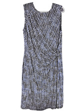 NIC & ZOE Watercolor Blocks Blue Beige Print Ruched Dress Size L Lined Pre-Own