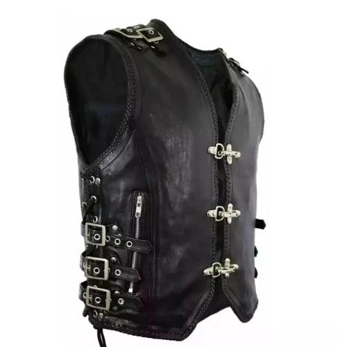 Men's Gothic Leather Biker Vest Black Motorcycle Buckle Club Riding Waistcoat
