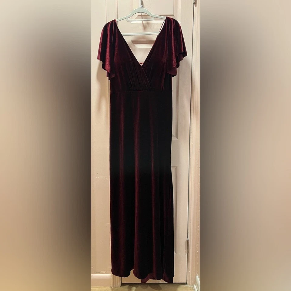 Jenny Yoo Ellis развевающийся рукав с открытой спиной эластичной бархатное платье размер 12 Dark Berry - Изображение 3 из 4