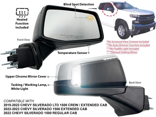 Side Mirror for SILVERADO 1500 2019-2023 Lamp BSD Chrome Cover Passenger Side