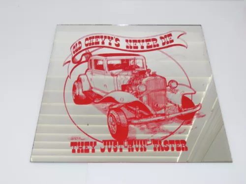 Vintage Carnival/Fair/Game/Prize 12" Glass Mirror Old Chevy's Never Die Run Fast