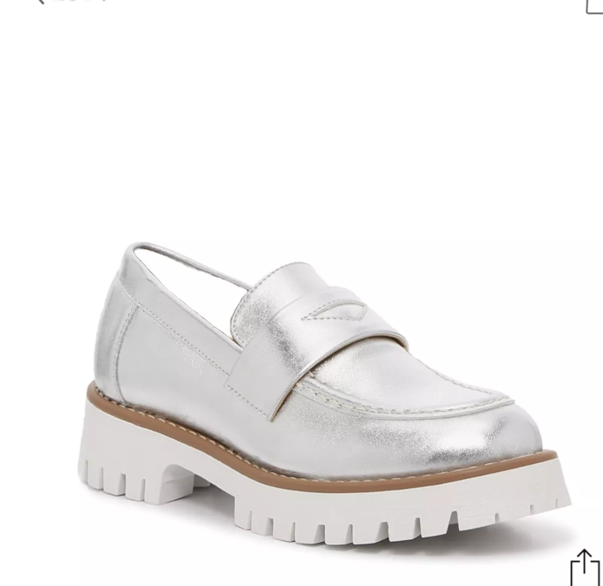 New Steve Madden Women Lorette Chunky Silver Loafer Slip On SZ 6.5