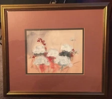 Floral Art Signed Leichner Mixed Media Watercolor Acryllic Framed Matted 18"x16"