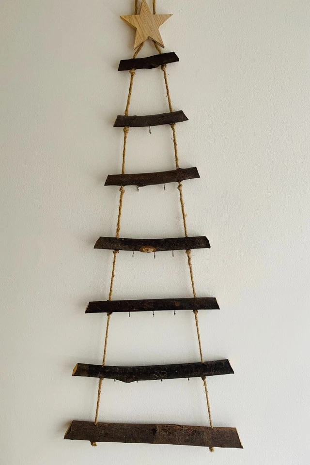 Rustic Wooden Wall Hanging Twig Christmas Tree with Hooks - Image 3 of 4