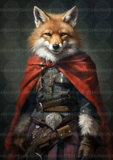 Fox in Kilt Art Print Fantasy Animal Portrait Highland Warrior Red Cloak D87