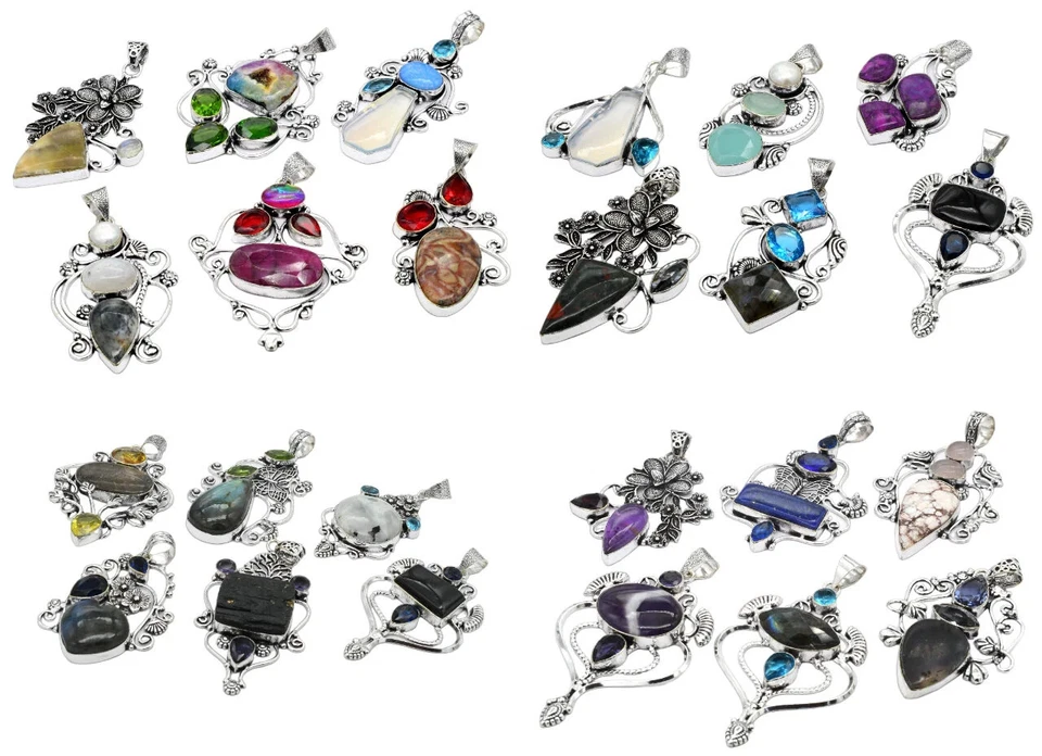 Verschiedene Natürlich Mix Edelstein Anhänger Menge Schmuck Hippie Versilberte - Bild 2 von 3