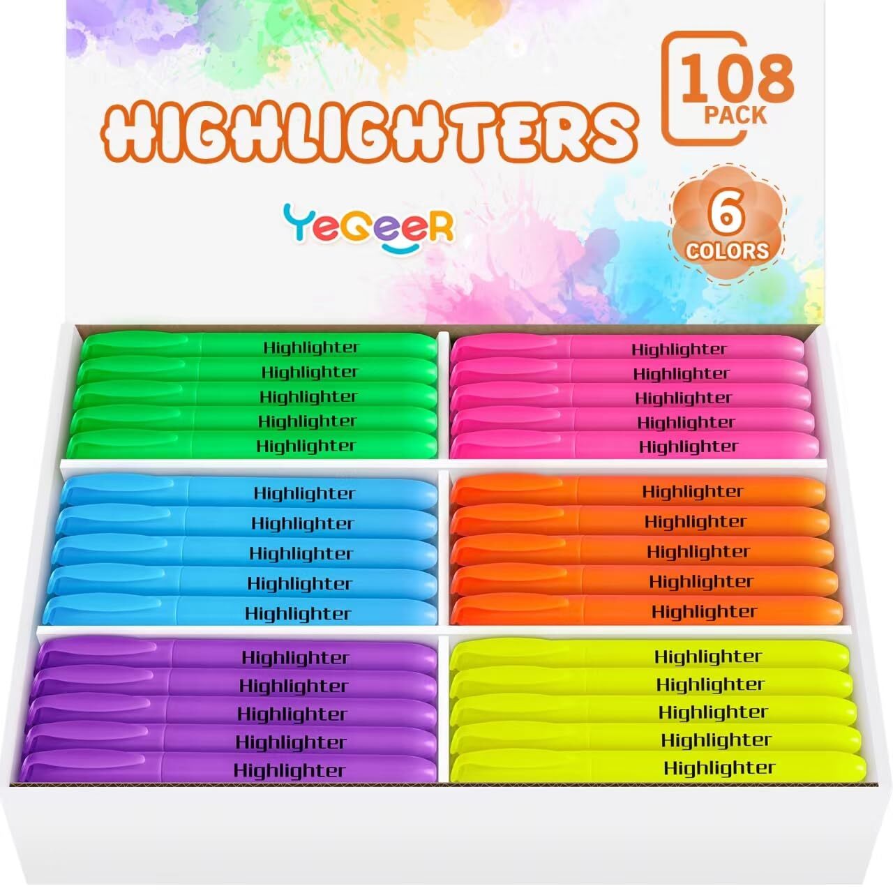 Highlighters Bulk Chisel Tip Dry-Quickly Highlighter Markers 108 Count-6 Asso...-image