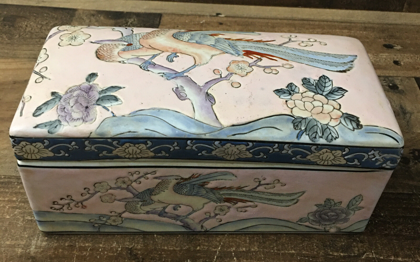 Vintage Ceramic Chinese Trinket Box. Hand- Painted. Birds And Flowers. Heavy.