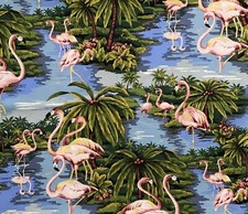 Hawaiian Print Fabric BTY - Flamingos, Palm Trees - 43  wide