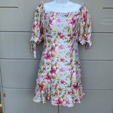 SHEIN Allover Floral Print off the shoulder Puff Sleeve Ruffle Hem Dress Sz Med