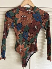 Farm Rio Black Stitch Flowers Ribbed Organic Cotton Bodysuit Size Small