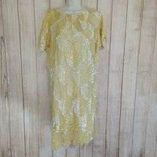 Vintage Silk Oleg Cassini 1980s Yellow Sequin Cocktail Dress Size 4 