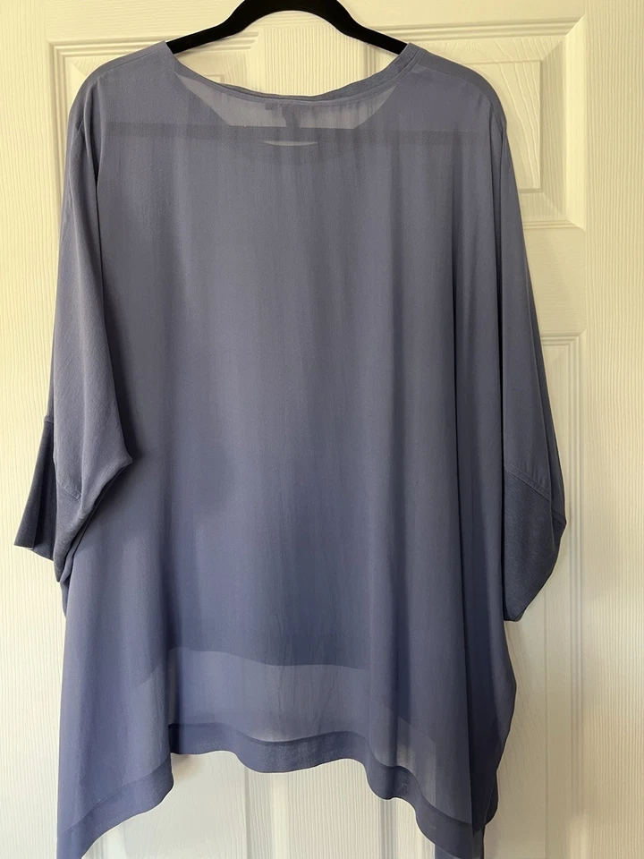 Camisa Poncho Eileen Fisher Mujer Talla XL 100% Seda Fluida Top Blusa Superposición Azul Foto 4 de 4