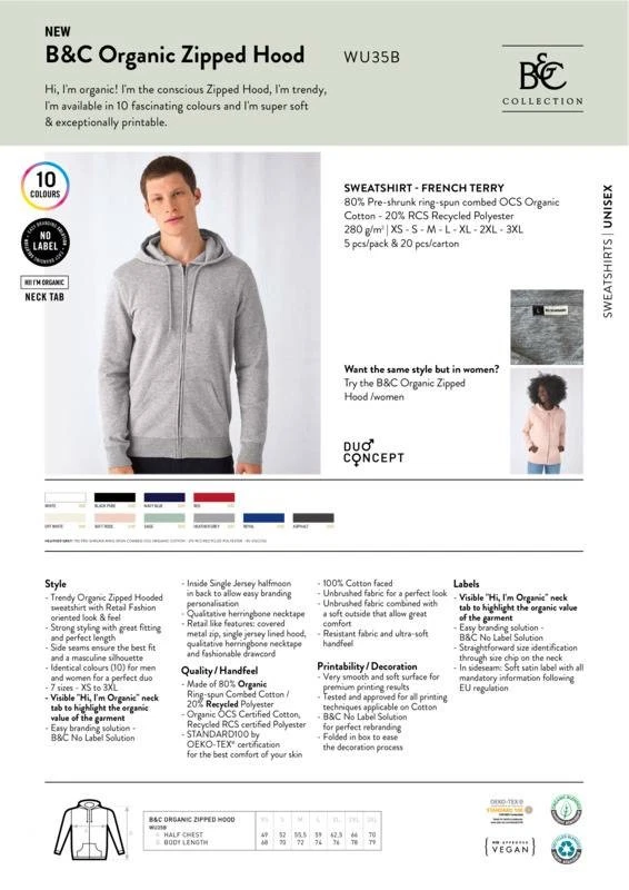 OFF WHITE B&C Collection Felpa con cappuccio e zip organica WU35B Pullover tinta unita in pile da uomo