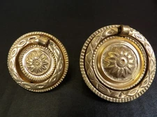2 Vintage NOS Brass Drop Ring Drawer Pulls Handles Ornate 2 Sizes