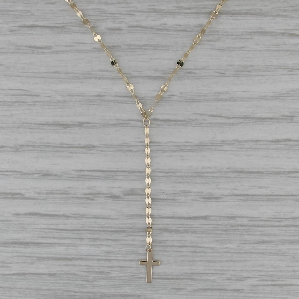 Cross Lariat Necklace 14k Yellow Gold 17" Mirror Chain - Image 2 of 4