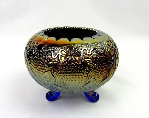 Fenton Carnival Glass Antique Electric Blue Garland-Bows 3 3/4" Rose Bowl 1920s