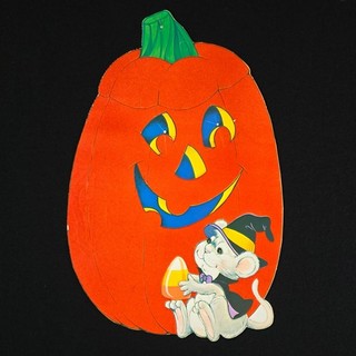 Halloween Jack O Lantern Mouse Flocked Decor Die Cut Cardboard Vintage