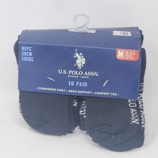 US Polo ASSN Boys Crew Socks 10 Pairs Medium Size 9 - 2.5 NEW.
