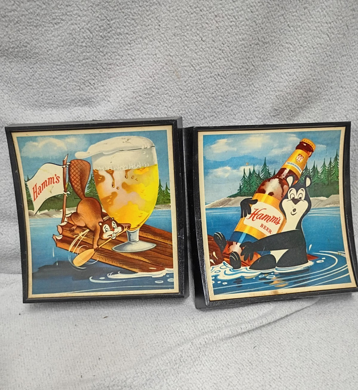 Vintage Hamm's Beer Plastic Shadowbox Signs Pair Bear Beaver Eddy Associates