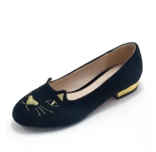 Women Embroidery Kitty Cat Velvet Flats Loafers Charlotte Shoes Black & Gold new