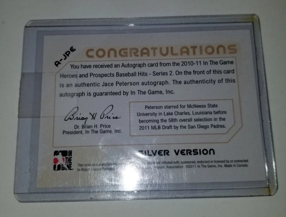 2011 ITG Heroes and Prospects Jace Peterson #A-JPE Auto - Image 2 of 2