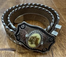 Justin Top Grain Cowhide Leather Belt Western Tooled SZ 30 Horse Buckle 30330