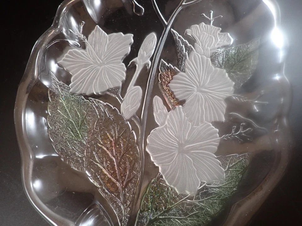 Savoir Vivre Crystal & Multi Hibiscus Oblong Platter 13 3/4" Japan Floral Leaf - Image 2 of 3