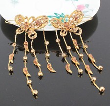 2pcs Butterfly Dangle Gold Austrian Crystal Rhinestone Hair Barrette Clips B175g