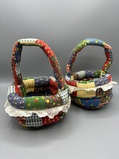 Vtg Patchwork Quilt Look Baskets Set 2 Stuffed Handmade Plush Multicolor Cottage