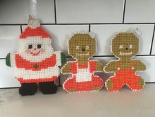 Vintage Handmade Needlepoint Santa Claus Gingerbreads Christmas Ornaments
