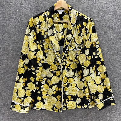 Sofia Vergara Sleepshirt Women M Black Floral Button Up Collared Fleece