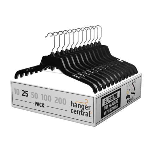 25 Pack Durable Plastic Clothing Hangers with Metal Swivel Hooks, 17 inch, Black