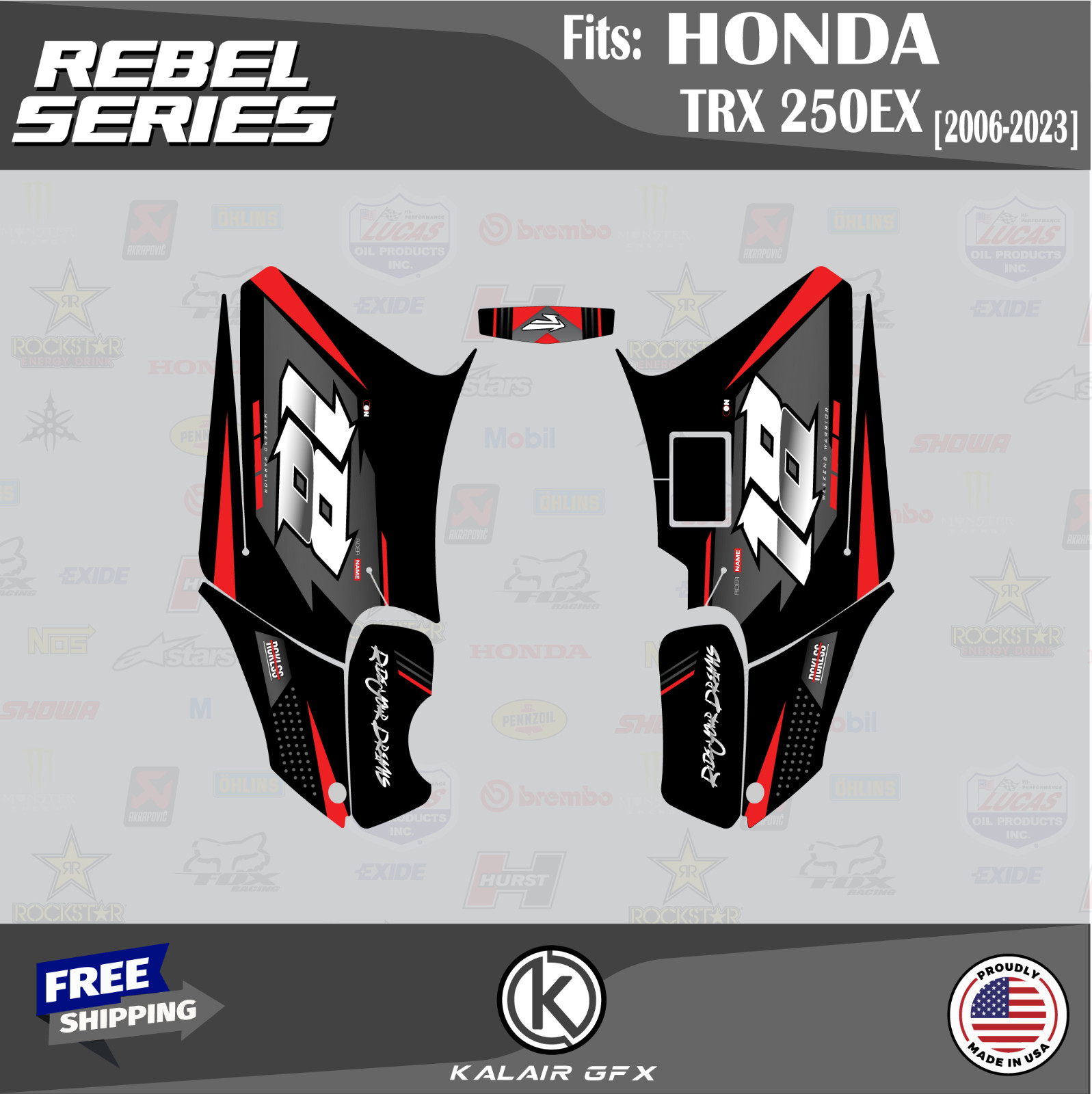 Graphics Kit for HONDA TRX 250EX (2006-2012) 16MIL Rebel Series - Red