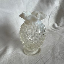 Vintage Fenton White Opalescent Hobnail Ruffled Edge Small 3.75" Bud Vase