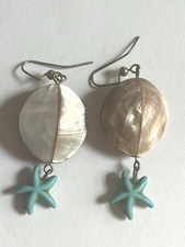 Iridescent Shell Starfish Dangle Earrings Aqua Blue Beach Coastal Boho Statement