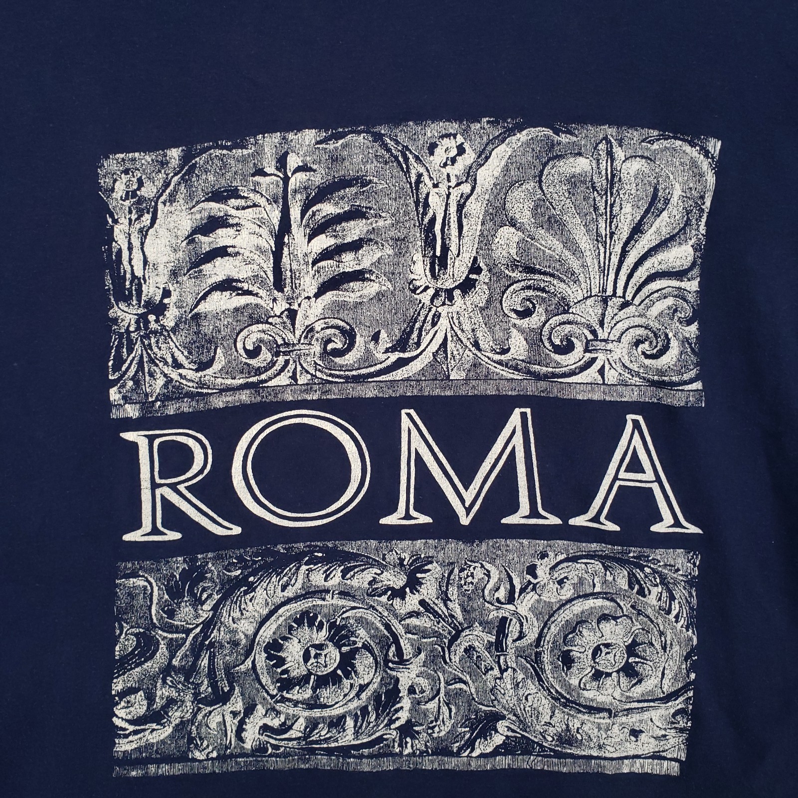VINTAGE Roma T Shirt Mens L Large Blue Graphic Print Short Sleeve Pullover 90s