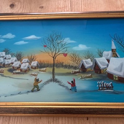 ナイーヴ派ガラス絵アーティスト　　ブラニミール・ビイェリッチ 生命の樹 Branimir Bijelic Tree of Life 2000 Naive Art Reverse Glass