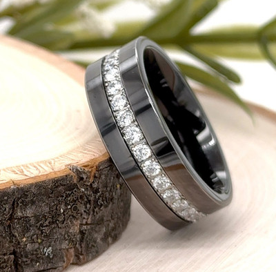 8mm Black Tungsten Christmas Band For Her CZ Channel Set Inlay Personalized Ring