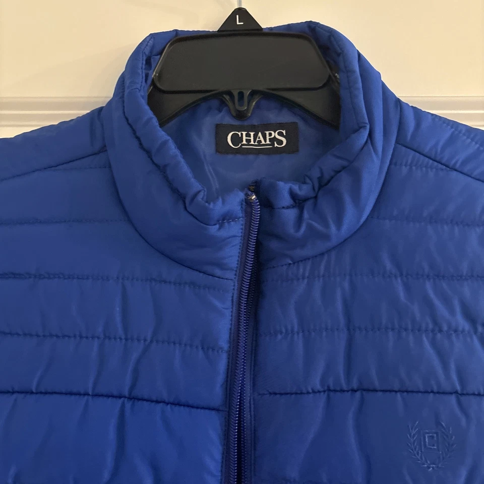 Мужской стеганый пуховик Chaps Ralph Lauren L с синими и черными карманами на молнии б/у в отличном состоянии - Изображение 2 из 4