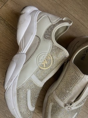 Michael Kors Women's White/Silver Leather Low-Top Zip Rhinestone Sneakers