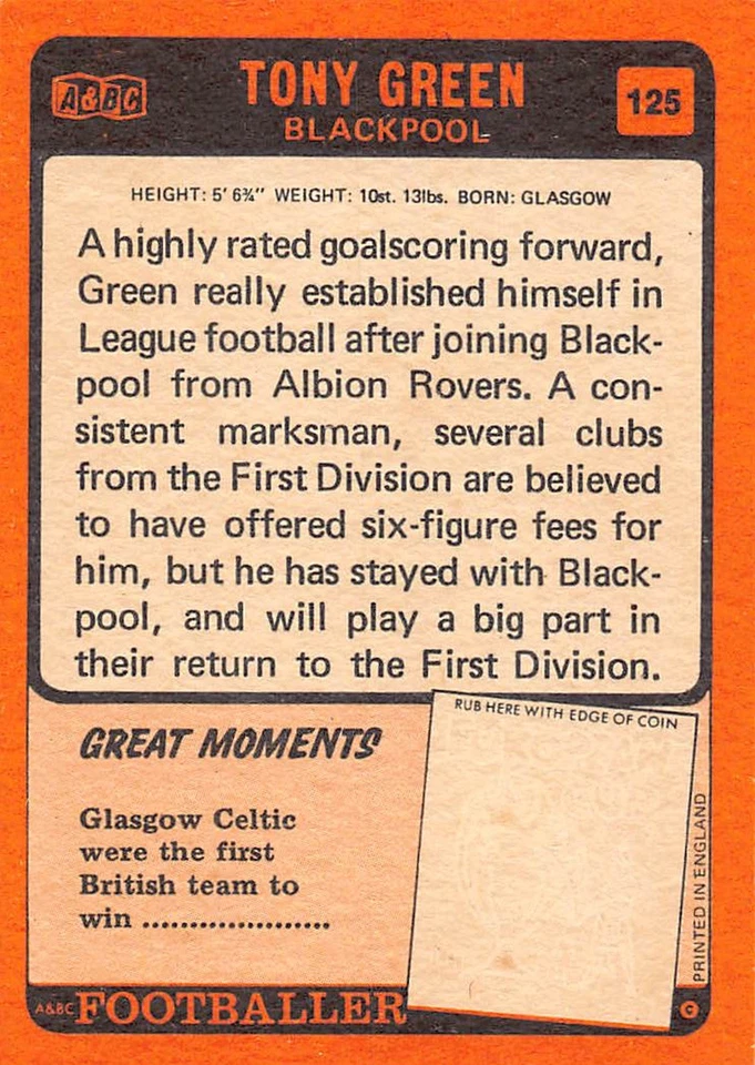 Tony Green Inside Left Blackpool A&BC Football Cards No125 Orange Back - Image 2 of 2
