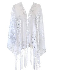 Womens Glittering 1920s Scarf Mesh Sequin Wedding Cape Fringed Evening Shawl