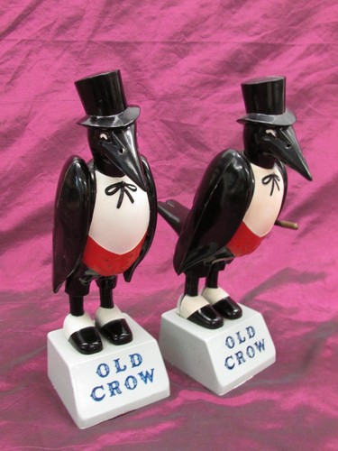 2 Vintage Old Crow bar advertising figural Crow 9.25" plastic