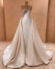 One Shoulder Satin Crystal Wedding For Bride Detachable Skirt Bridal Dresses