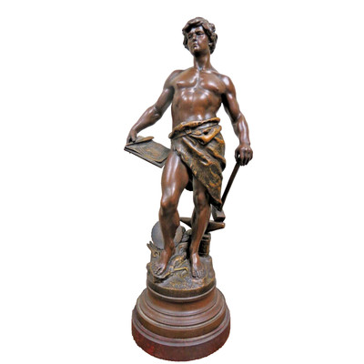 Vintage French ''Le Travail'' Hammership Spelter Sculpture Francois Moreau 1900